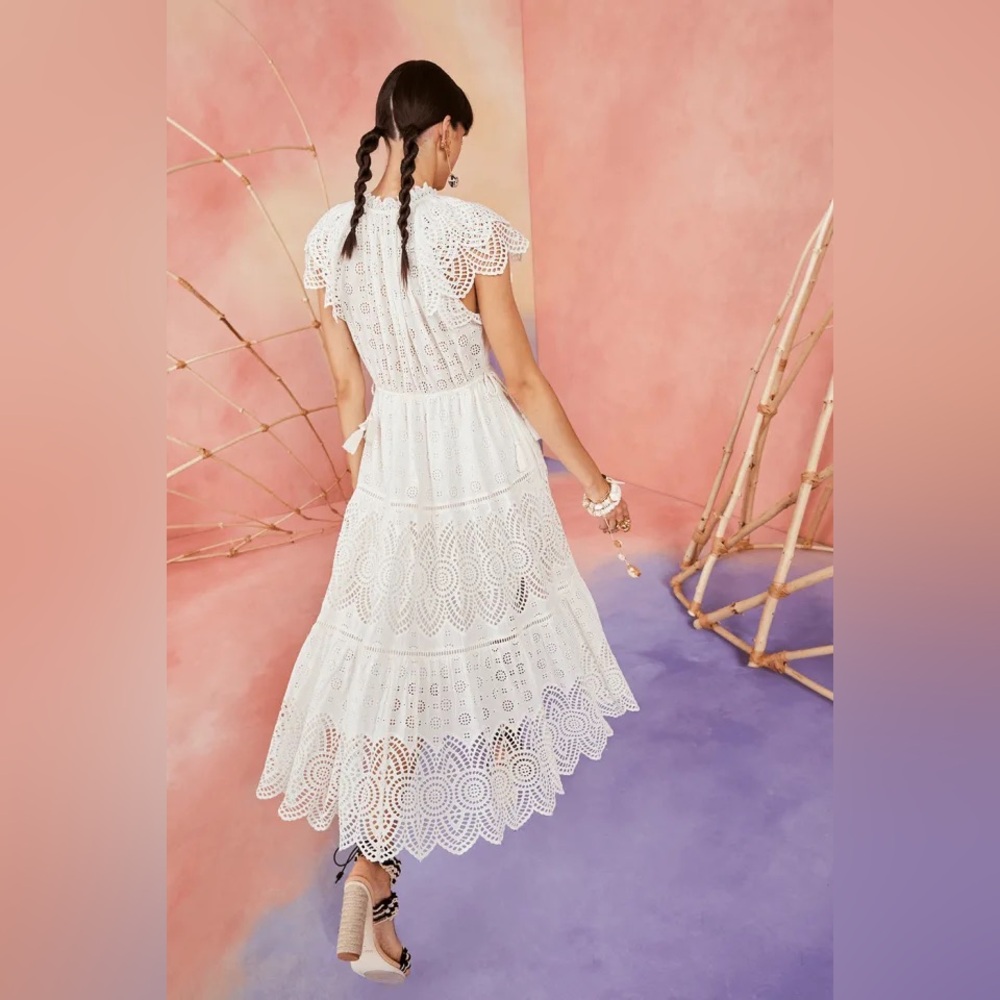 Ulla Johnson Gianna White Eyelet Midi Dress Size 0 XS Tiered Tasseled Boho Bride - Picture 3 of 16